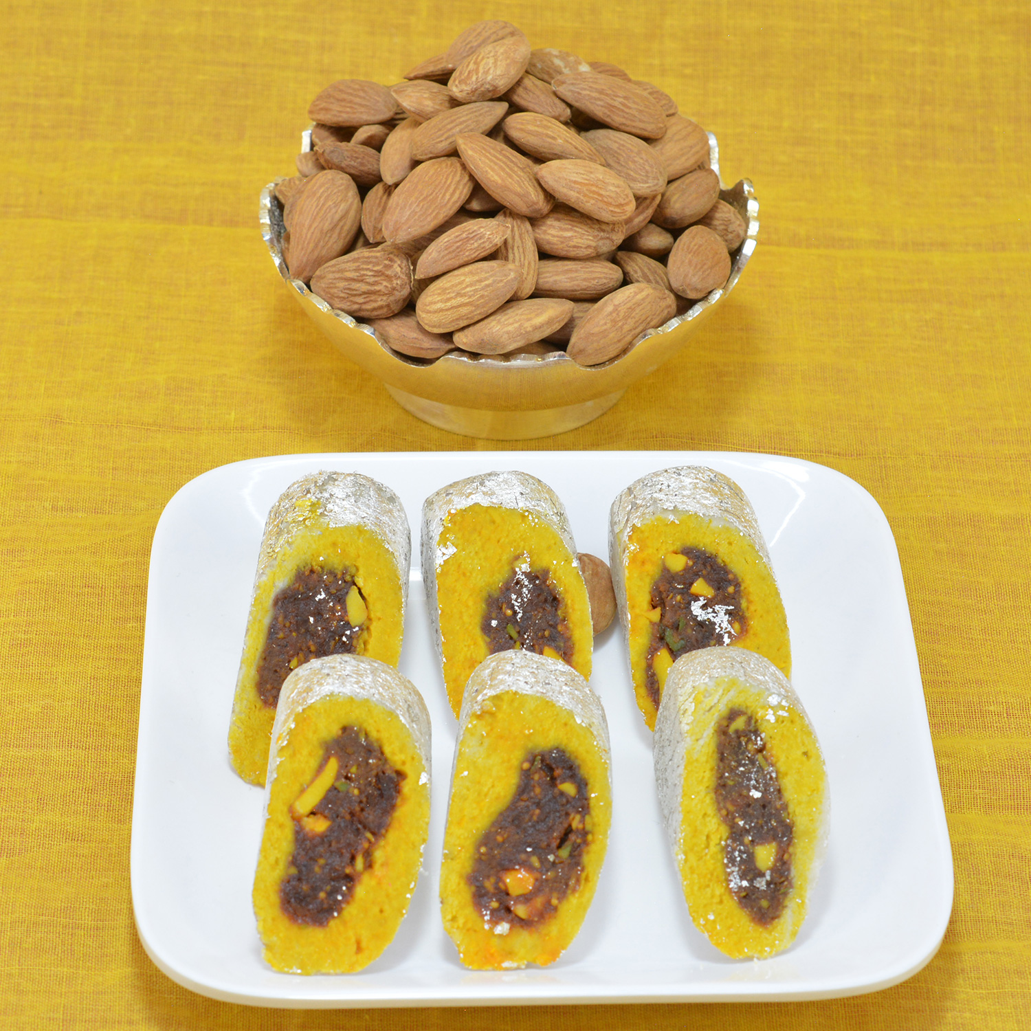 Mouthwatering Kaju Rajbahar Sweet with Delicious Badam Dry Fruit Hamper