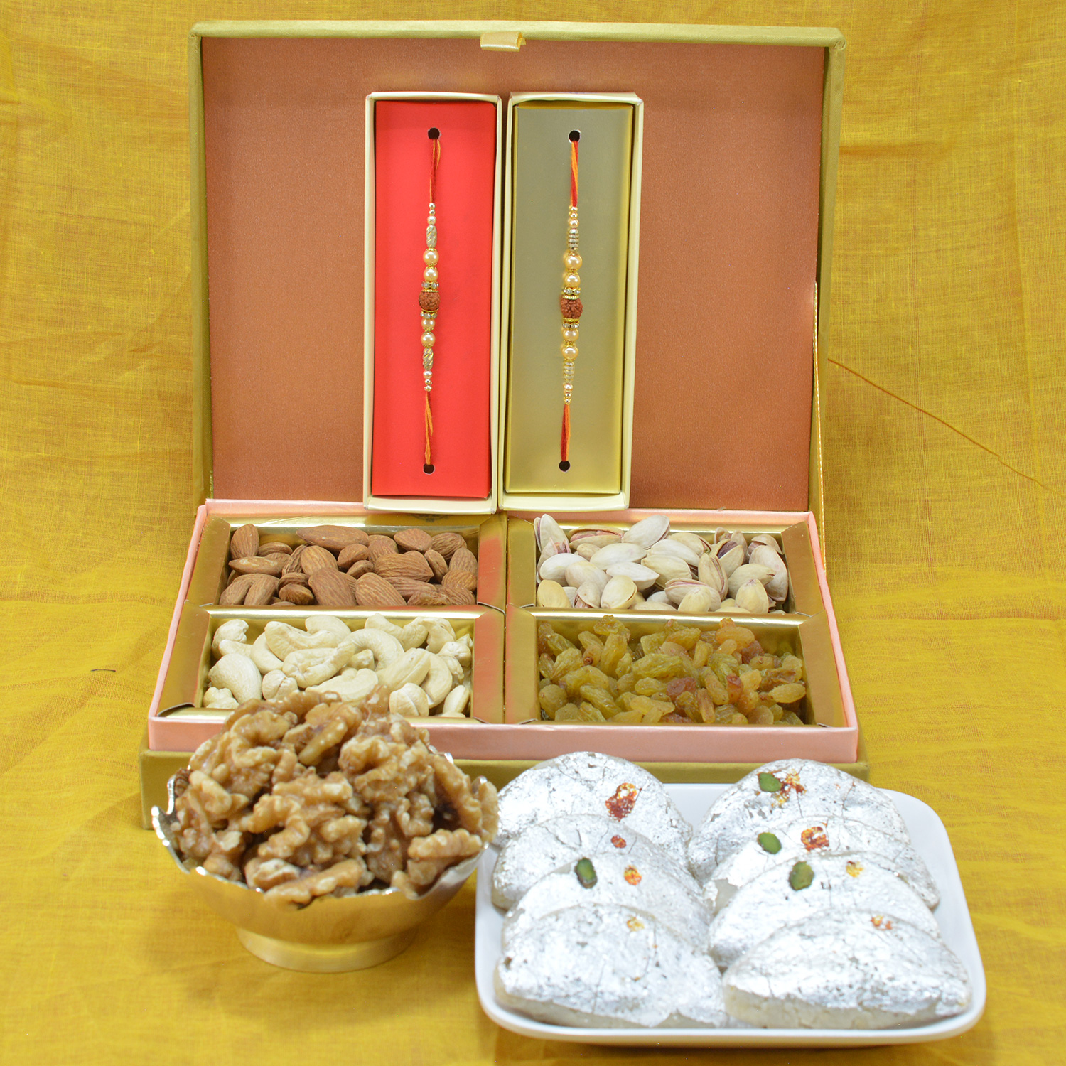 Amazing Multicolor Beads Rakhi with Savory Kaju Gujia along with Tasty Walnut and 4 Type of Mix Dry Fruit Hamper
