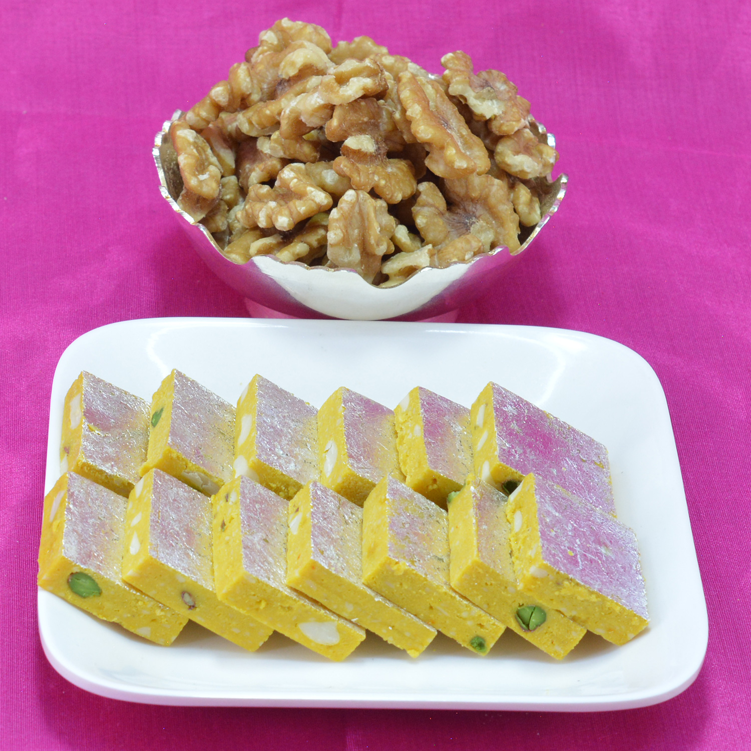 Aristocratic Walnut Dry Fruit with Palatable Kaju Kesar Pista Barfi Hamper