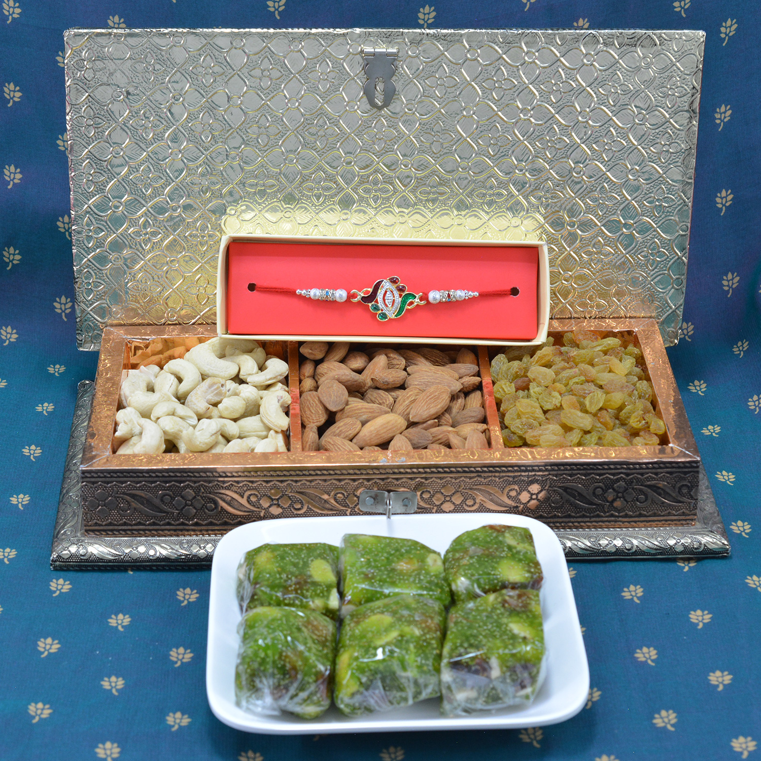 Stunning Beads Bhaiya Bhabhi Rakhi with Savory Kaju Anjeer Halwa along with Tasty Mix Dry Fruit Box Hamper
