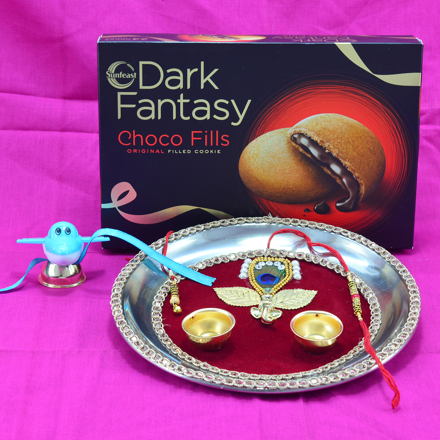 Dark Fantasy Choco Fills Biscuits with Maroon Base Ganesha Homemade Puja Thali 