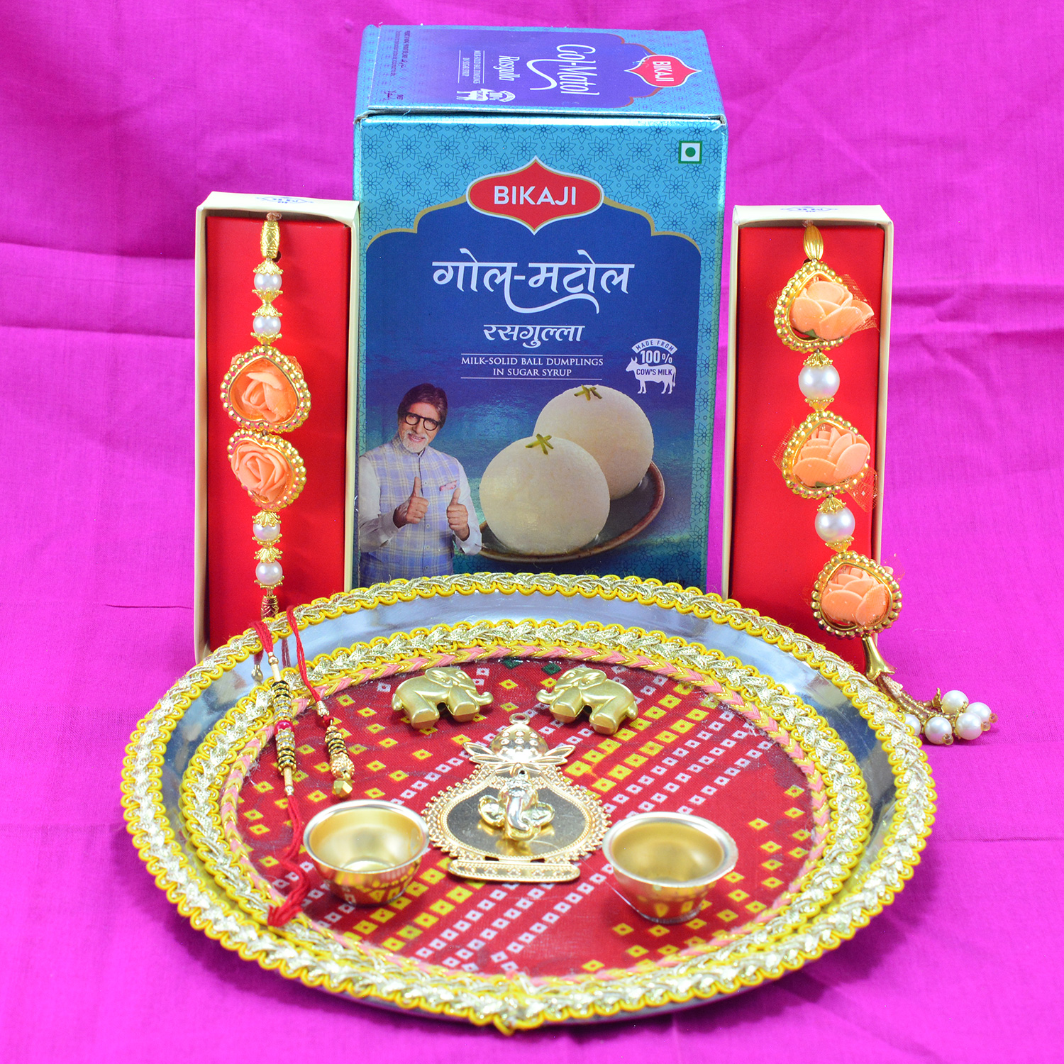Bikaji Rasgulla Sweets with Auspicious Magnificent Ganesha Rakhi Pooja Thali Hamper