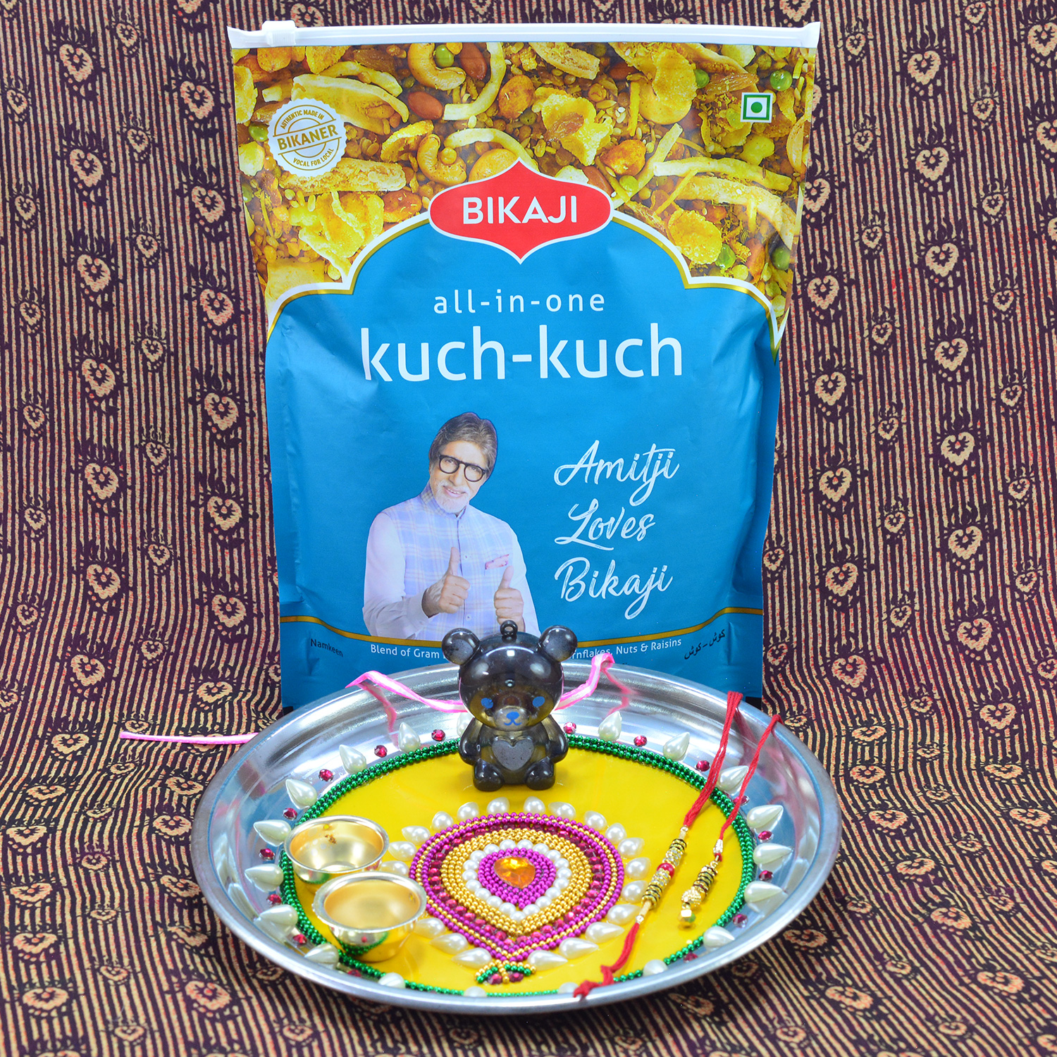 Bikaji Mixure Namkeen of All in One Kuch Kuch with Leaf Design Heavy Work Rakhi Puja Thali