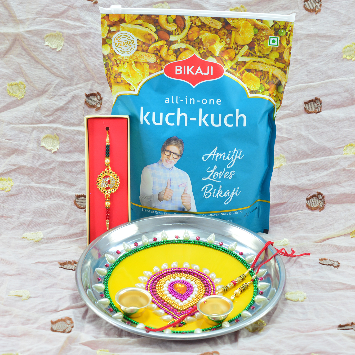 Leaf Shape Design Beaded and Jewel Pooja Thali with Amitji Special Kuch Kuch Namkeen By Bikaji