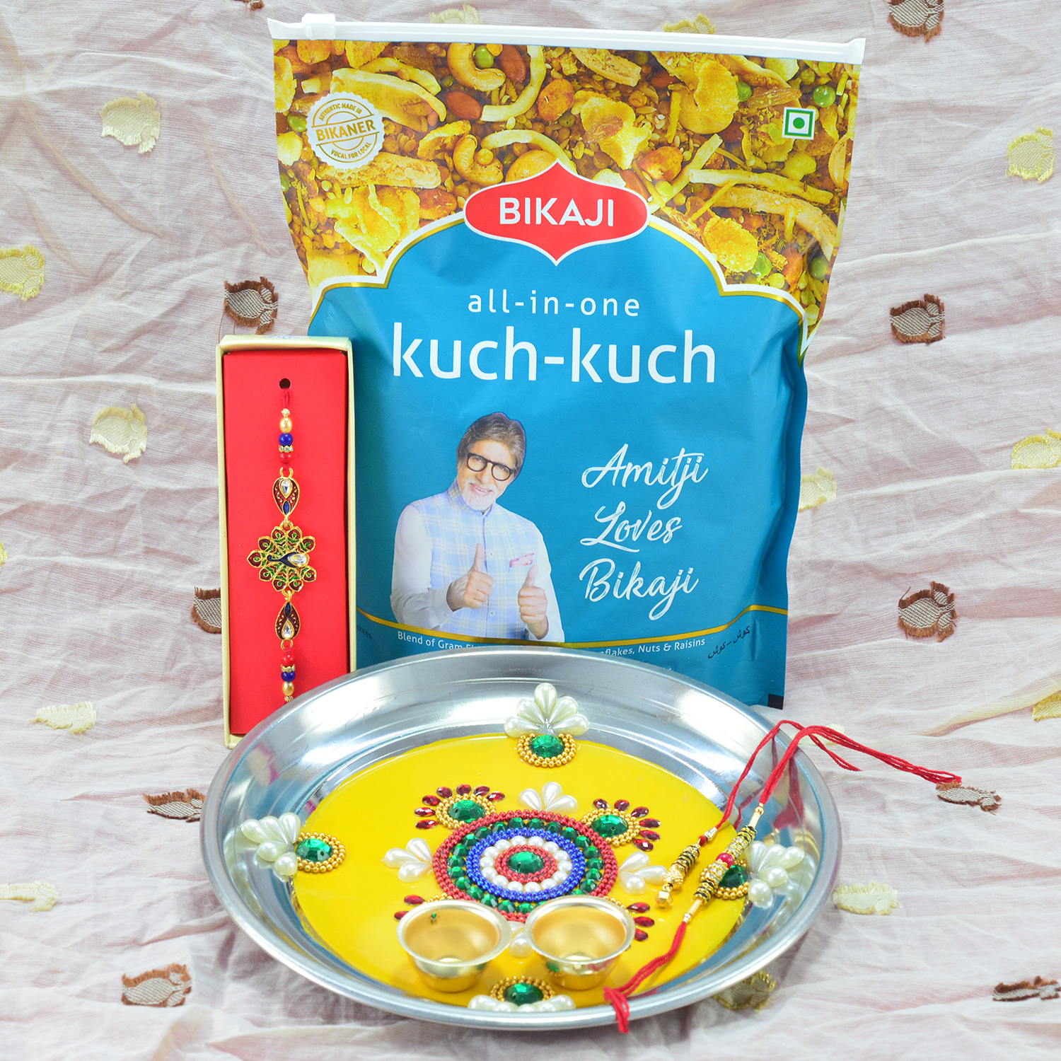 Flower Shape Design Attractive Looking Yellow Base Rakhi Pooja Thali with Kuch Kuch Mixture Namkeen 