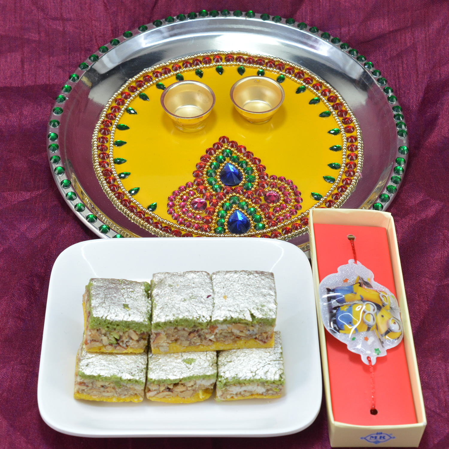 Amazing Colorful Beads Crafted Pooja Thali with Delicious Badam Pista Barfi along with Kids Rakhi