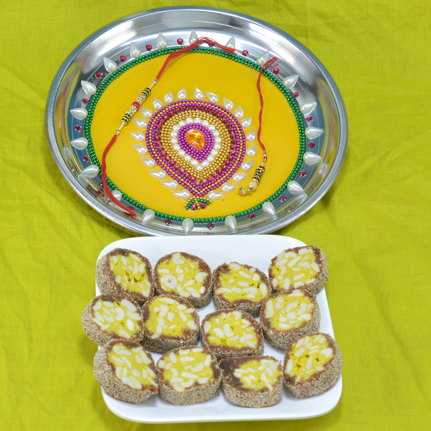 Savory Kaju Anjeer Barfi with Awesome Yellow base Painted Crafted Pooja Thali