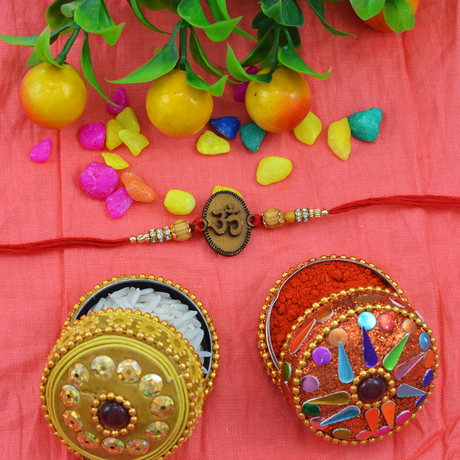 Antique OM Sandalwood Rakhi with Lovely Eye-Catching Beads