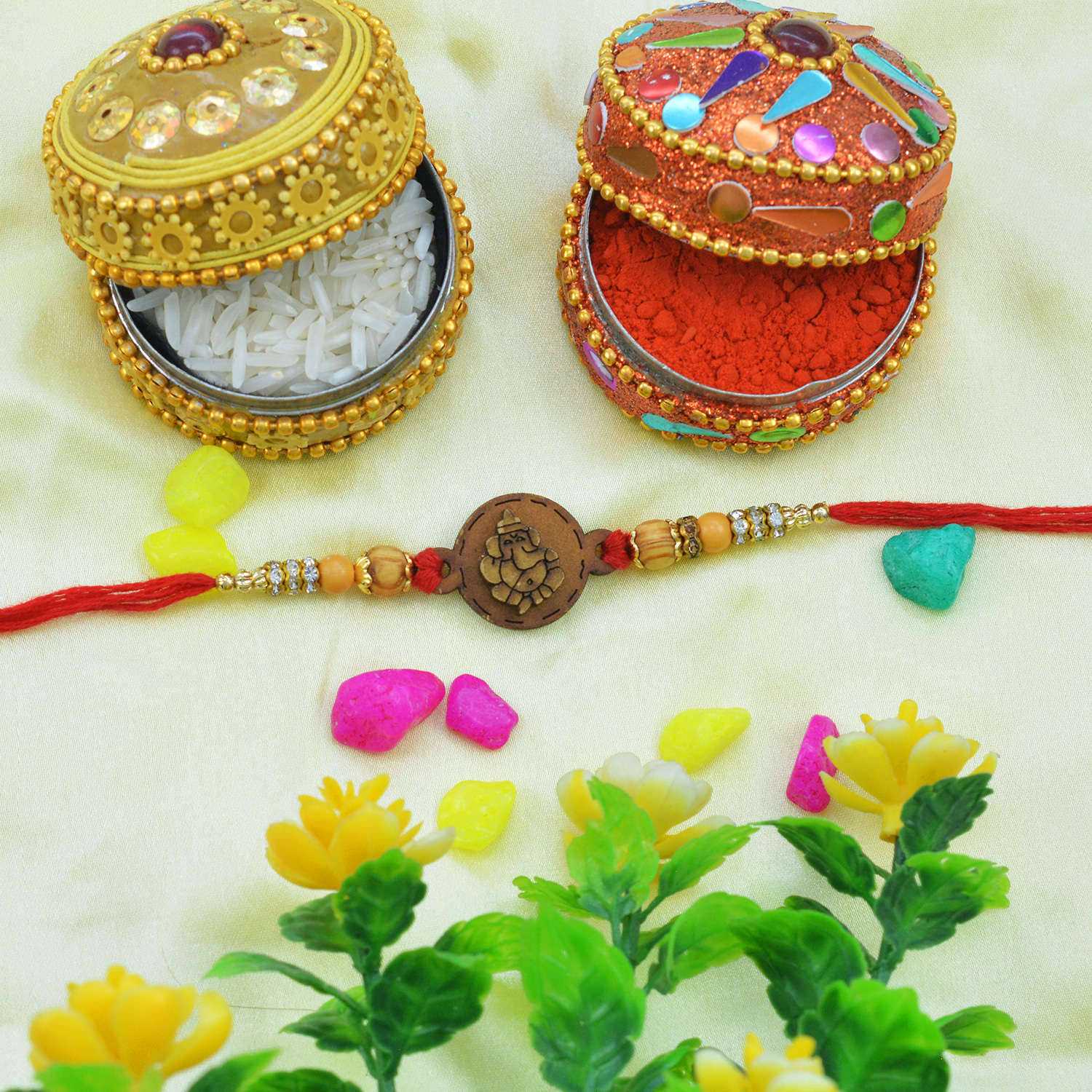 Prodigious Sandalwood Ganesh Rakhi Alluring Tiny Beads