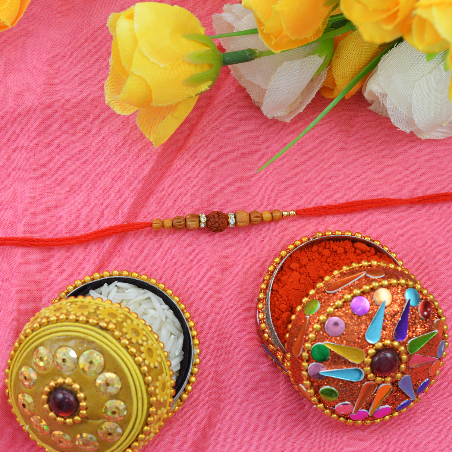 Unique and Awesome Rudraksha Sandalwood Rakhi with Graceful  Tiny Pearls