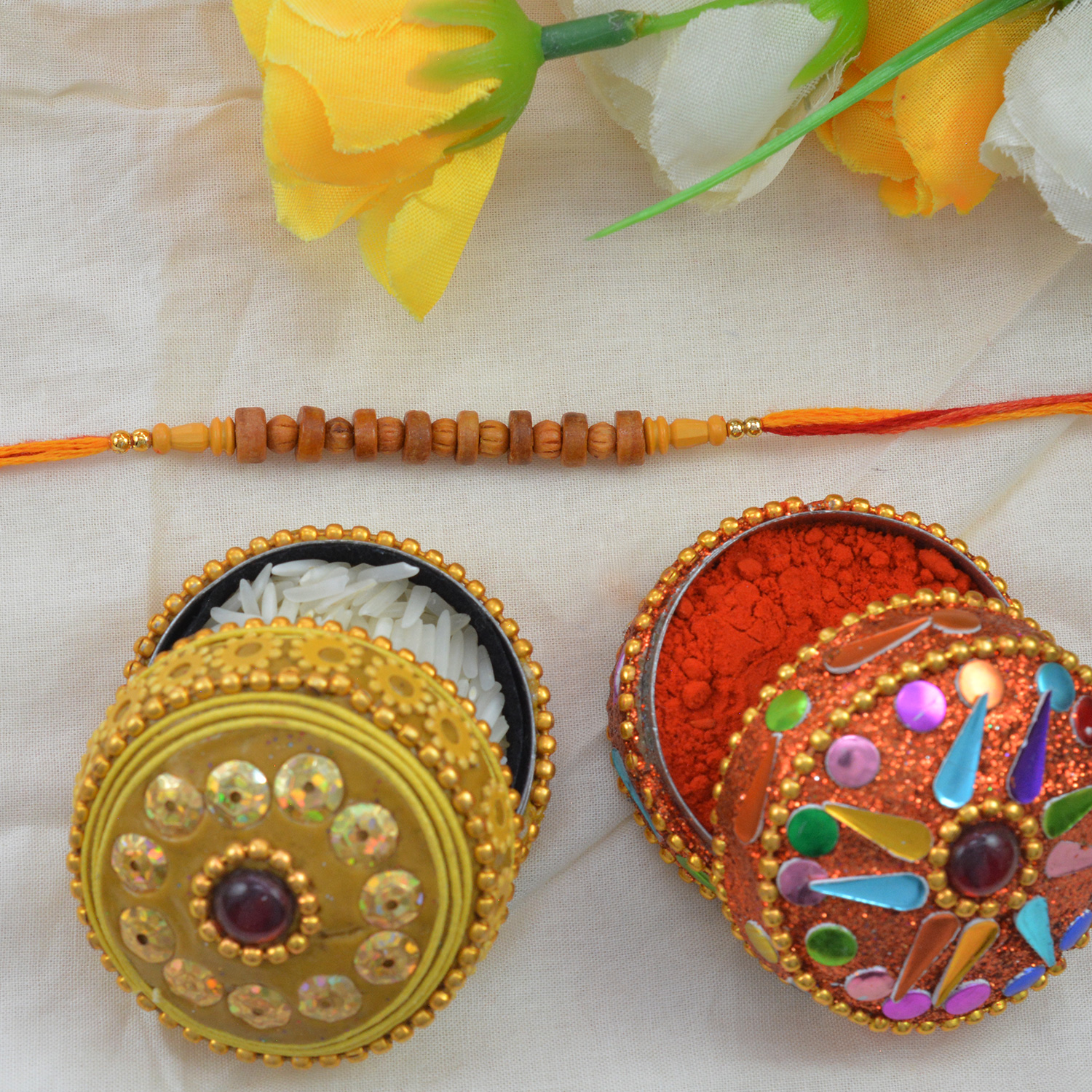 Beautiful Eye-Catching Sandalwood Stylish Rakhi with Multi-Color Awesome Silk Thread
