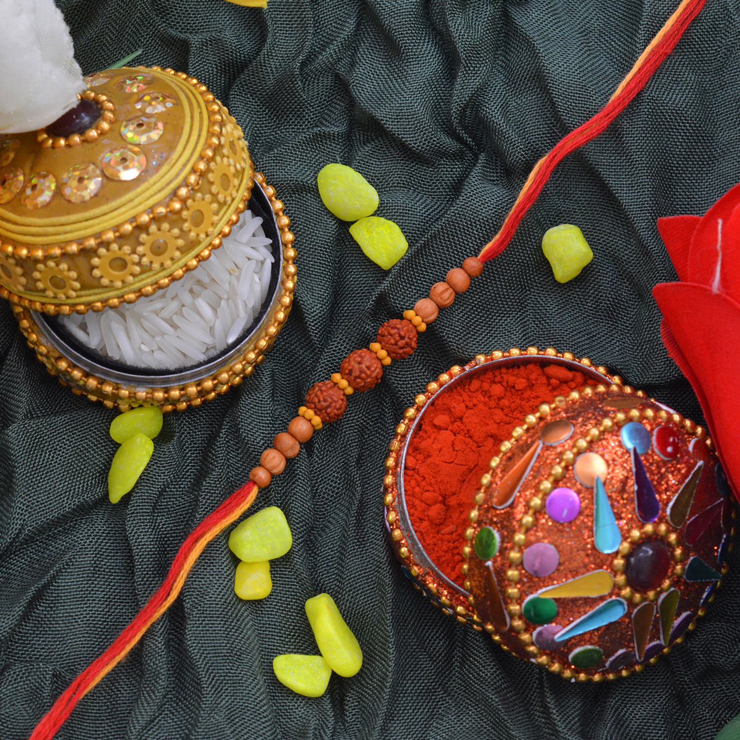 Three Awesome Rudraksha Sandalwood Rakhi and Multicolor Silk Dori with Eye-Catching Beads
