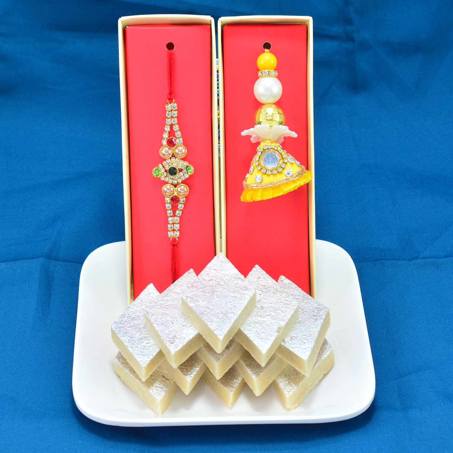 Diamond Studded Jewel Bhaiya Bhabhi Rakhi with Delicious Kaju Katli Hamper