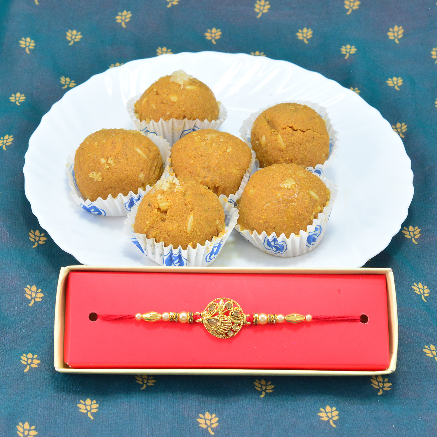 Tasty Branded Besan Ke Laddu with Golden Unique Design Rakhi for Brother