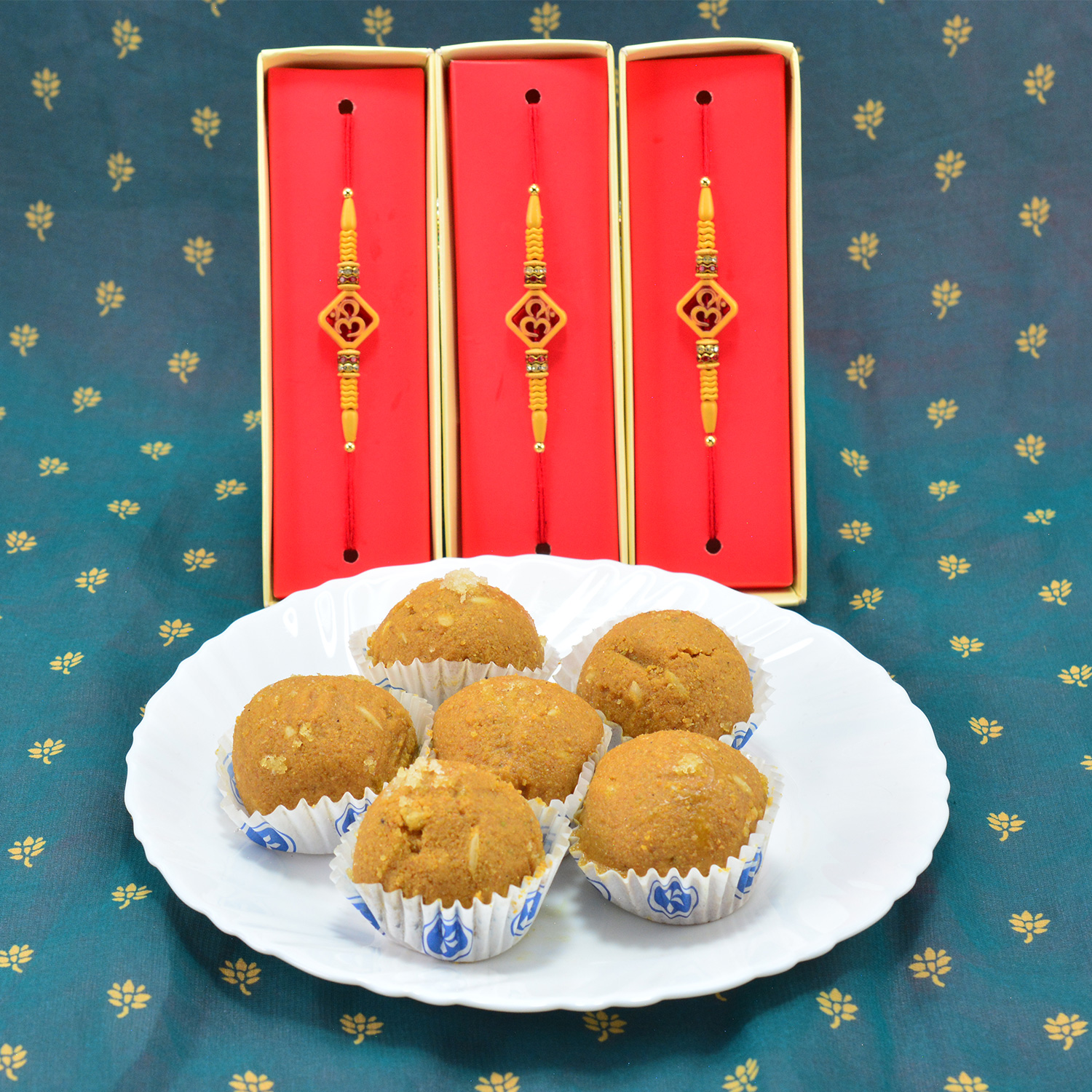 Auspicious Om Divine Rakhis Set of 3 for Brother with Sweet of Pure Ghee Besan Laddu
