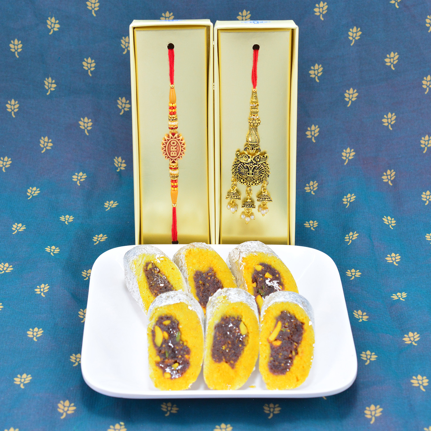 Pair of Bhaiya Bhabhi Rakhi Set with Tasty Amazing Best Sweets Kaju Raj Bahar