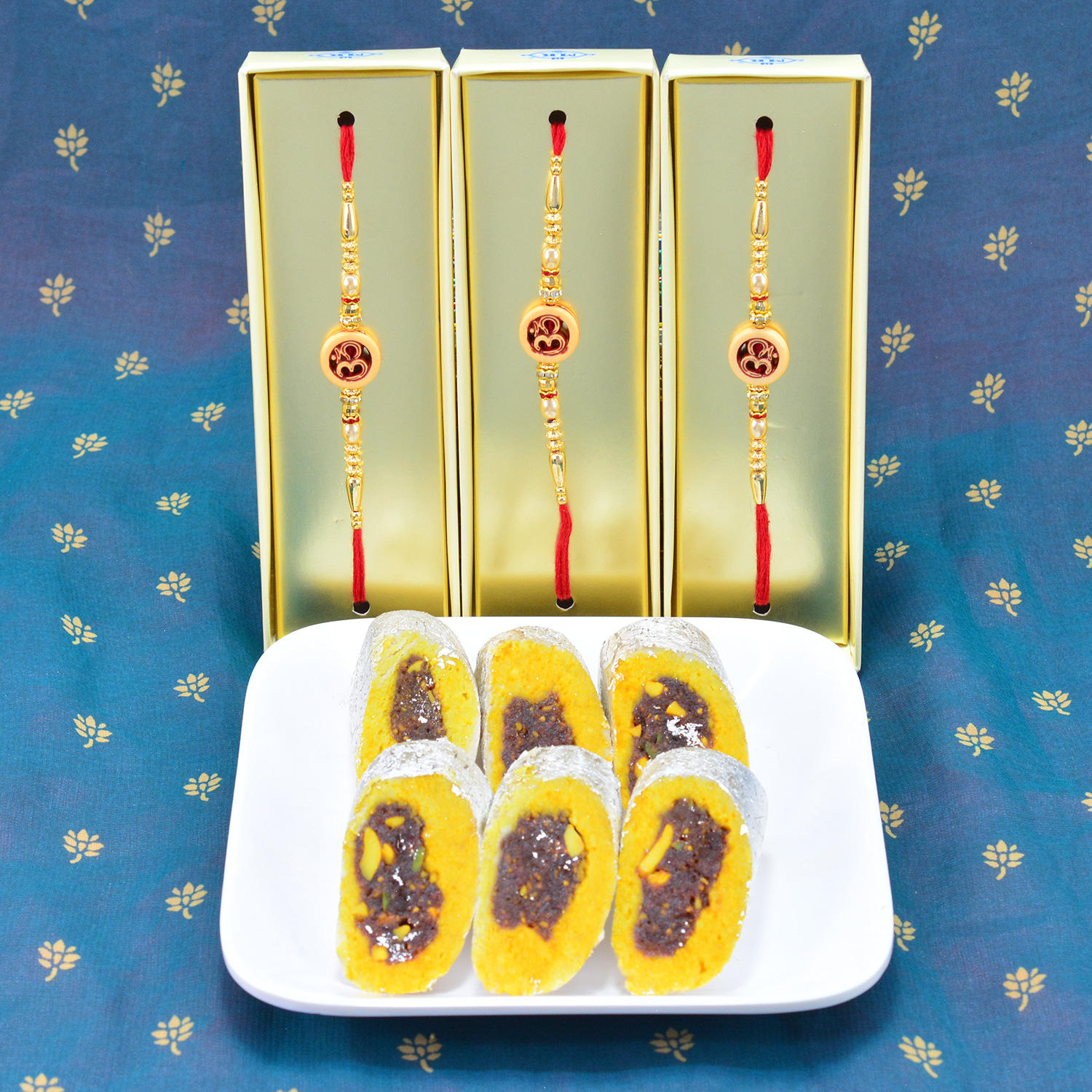 Rakhi with Sweets - 3 Divine Amazing Rakhis for Brothers with Mouth Watering Sweet of Kaju Raj Bahar
