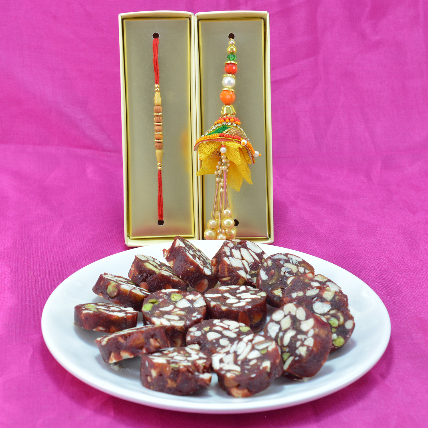 Sandalwood Bhaiya and Yellow Color Bhabhi Rakhi Set with Kaju Anjeer Dry Fruit Barfi Delicious Sweet