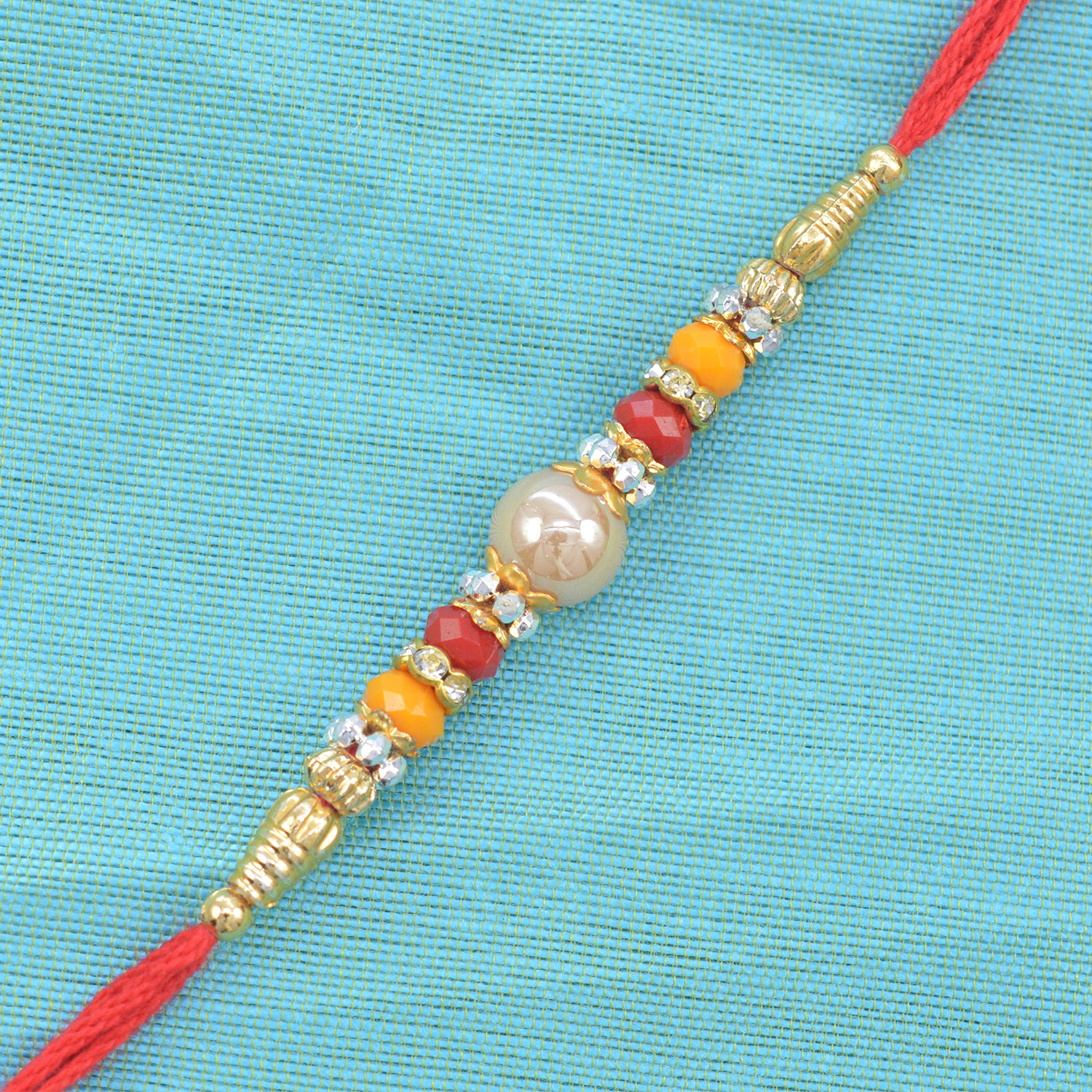 Center Base Pearl Rakhi With Multicolor and Golden Beads 