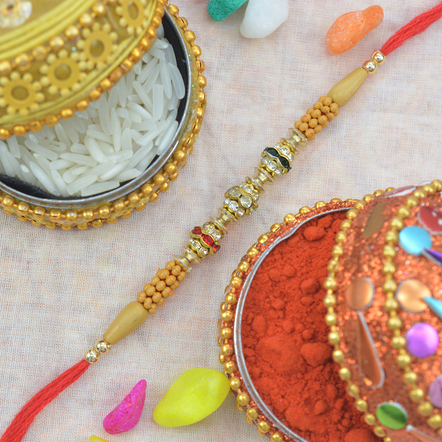 Multicolor Diamonds Rakhi with Beads in Mauli Dori