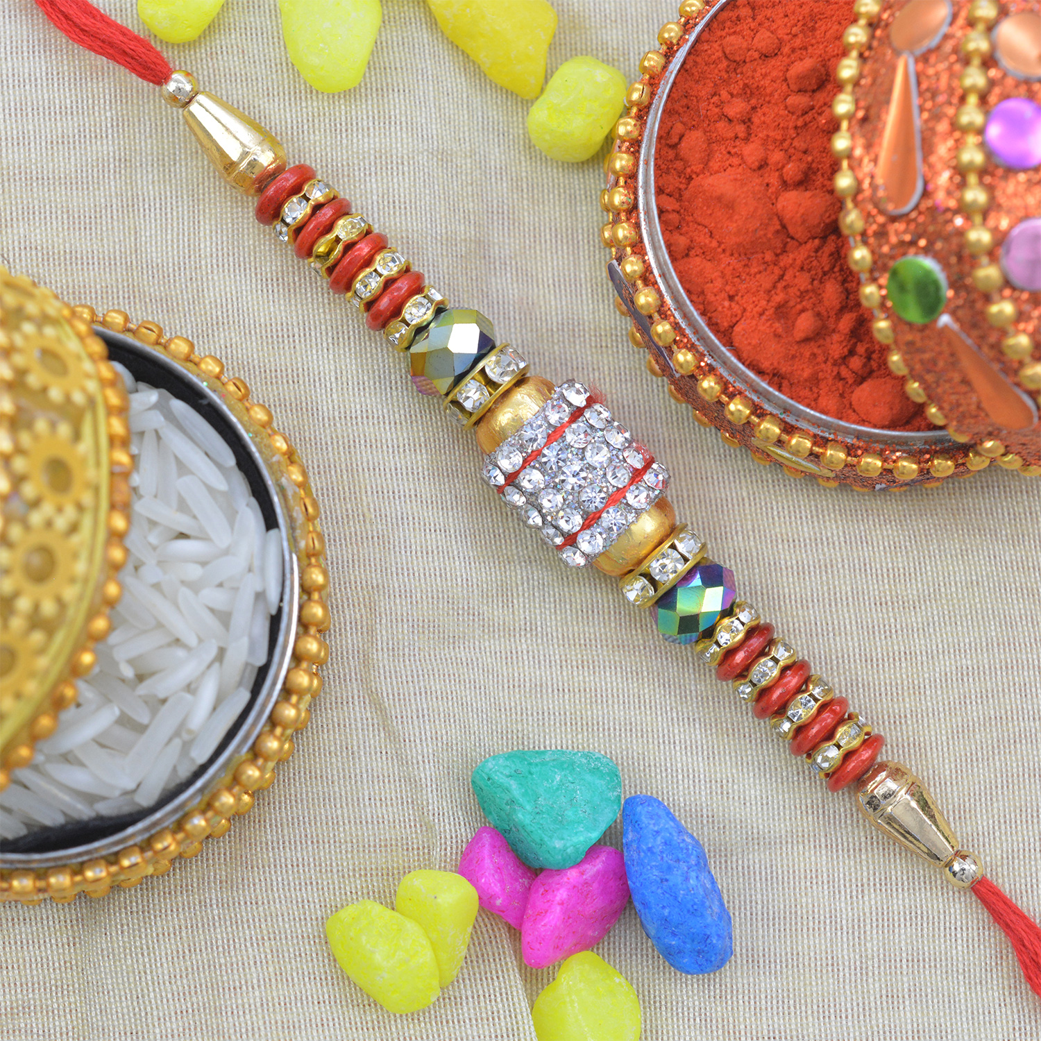 Beautiful Eye-catching Diamond Rakhi with Multicolor Beads