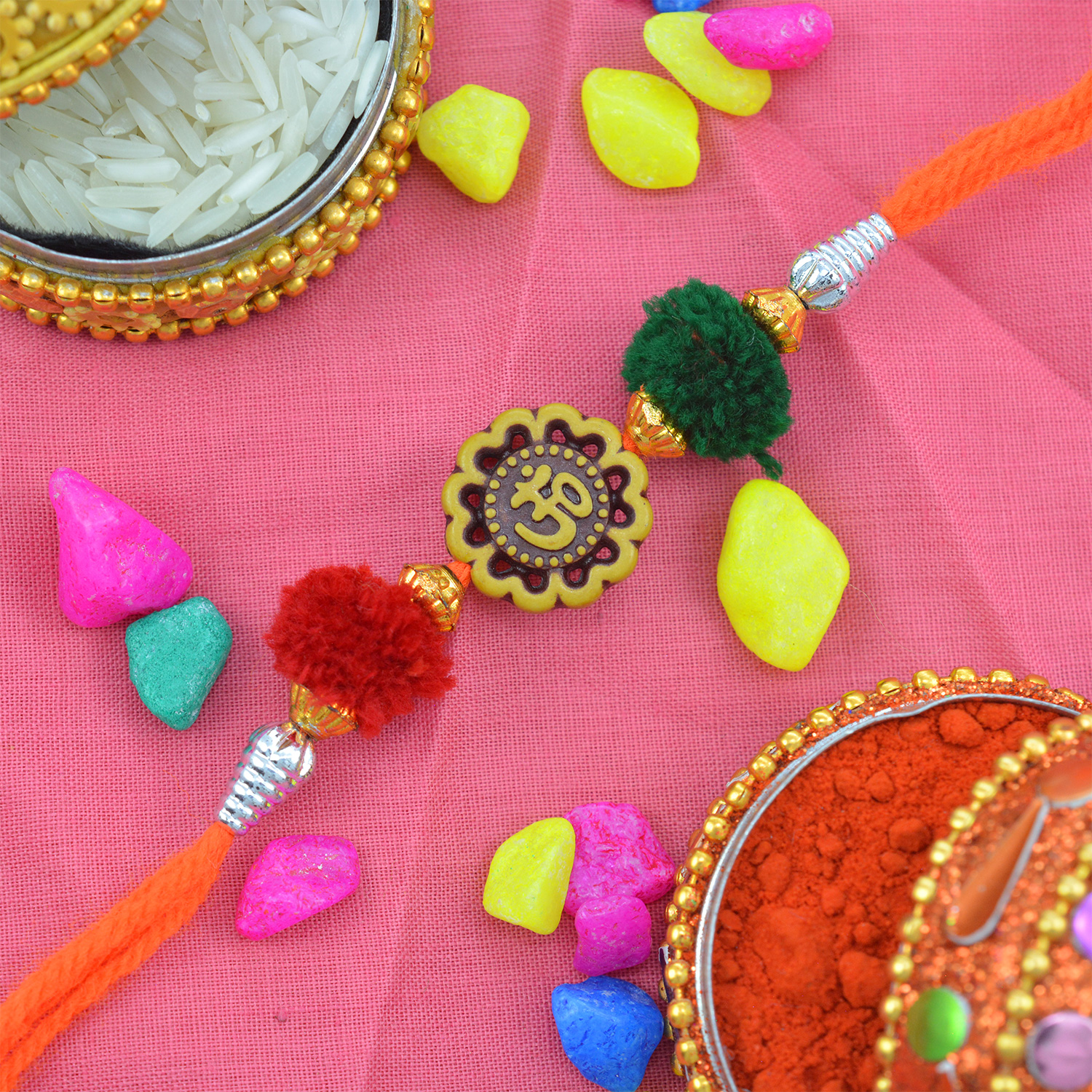 Floral Shape Om Designed Beads Rakhi