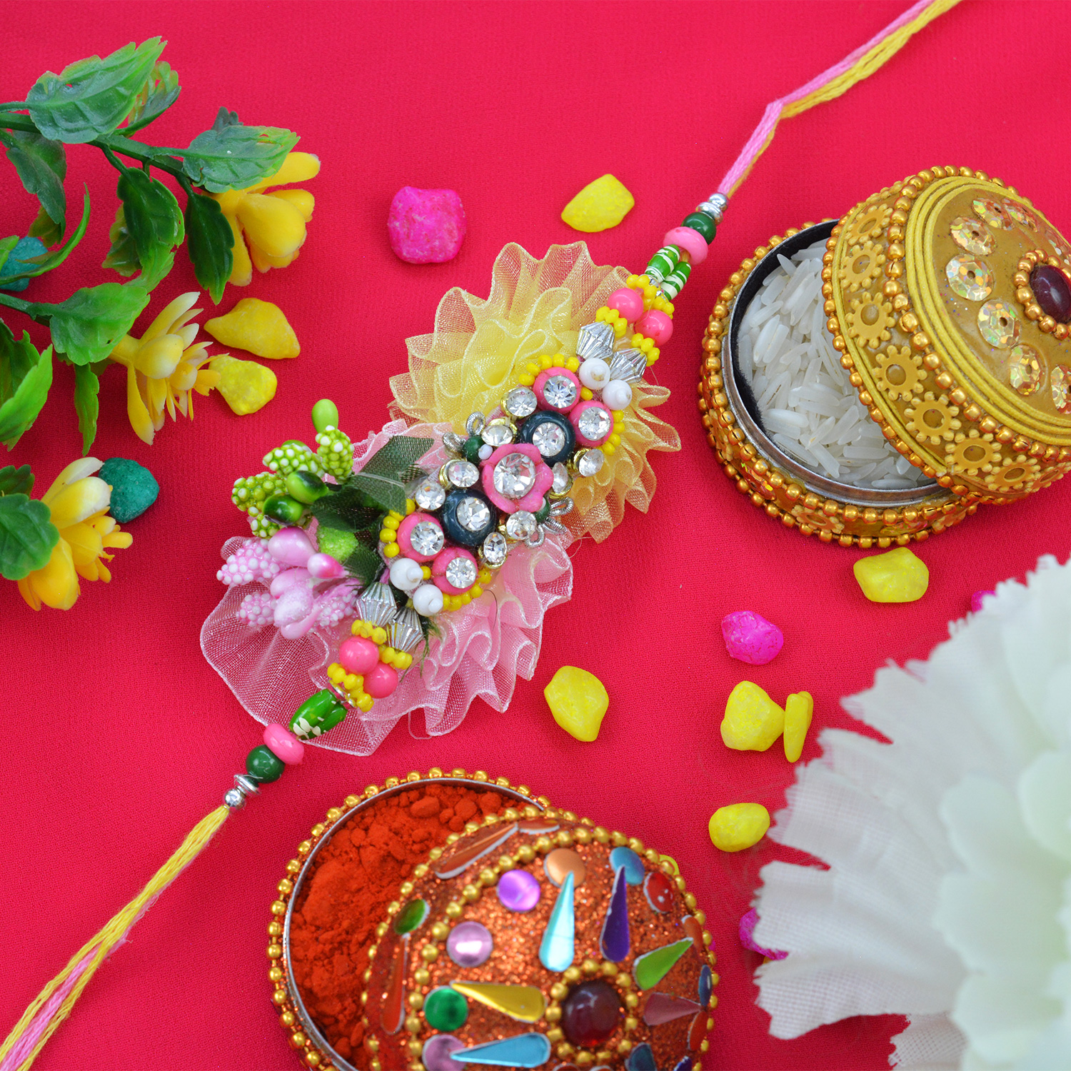 Rich Looking Multi-color Beads with Beautiful Zardosi Rakhi