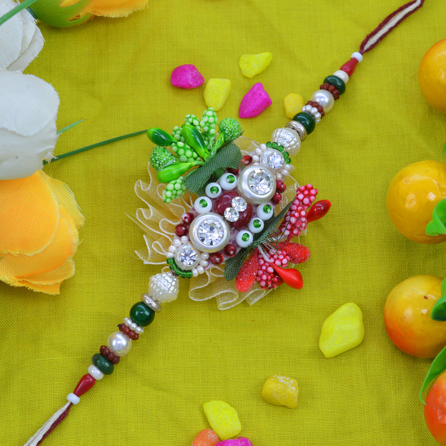 Captivating Colorful Beads with Attractive Dori Zardosi Rakhi