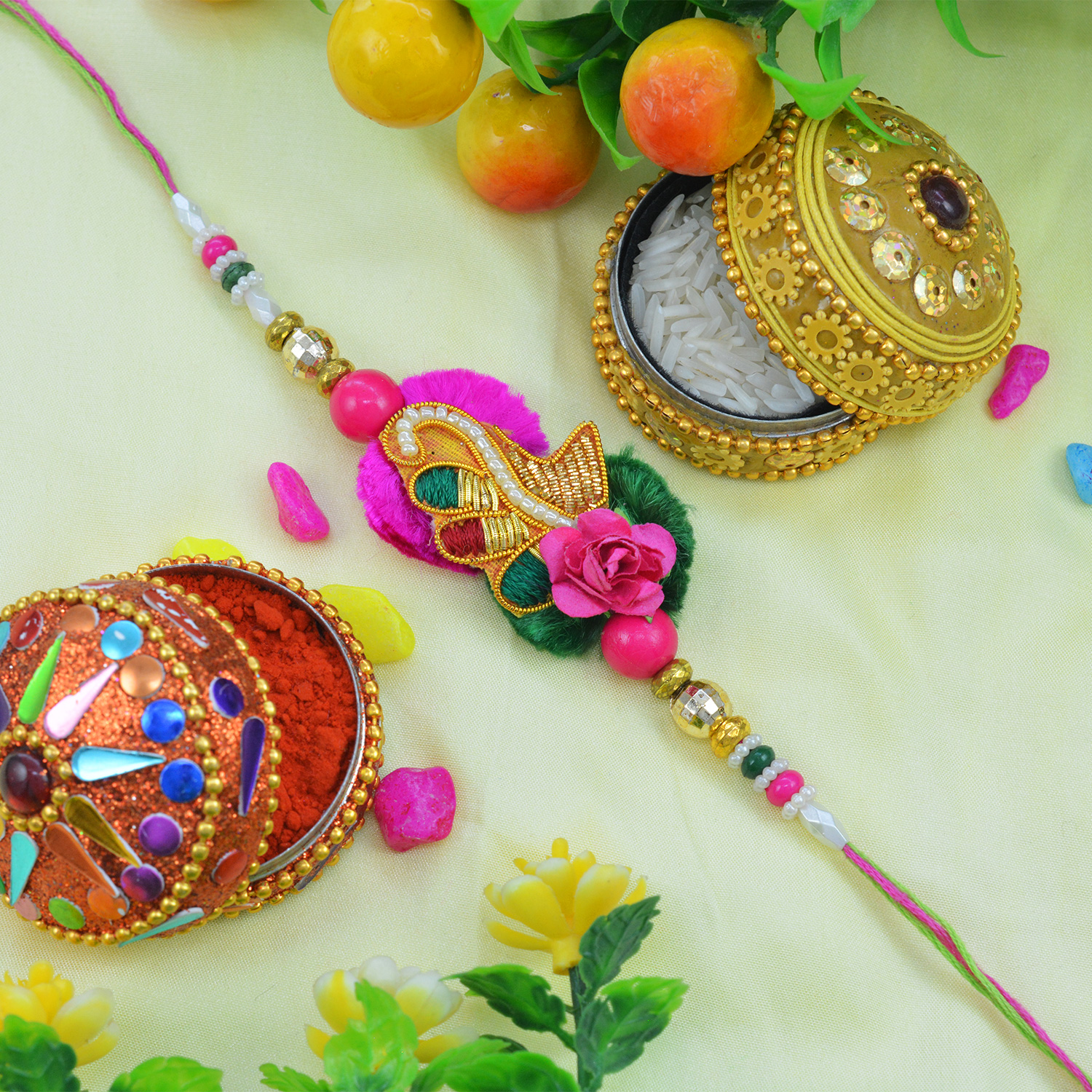 Amazing Flower and Colorful Pearls with Rich Looking Zardozi Rakhi