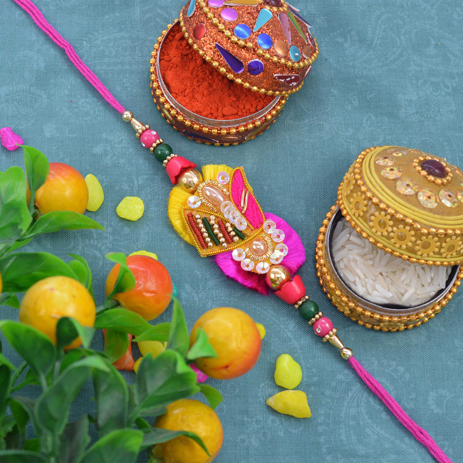 Unique and Trendy Zardosi Rakhi with Glorious Flower Beads