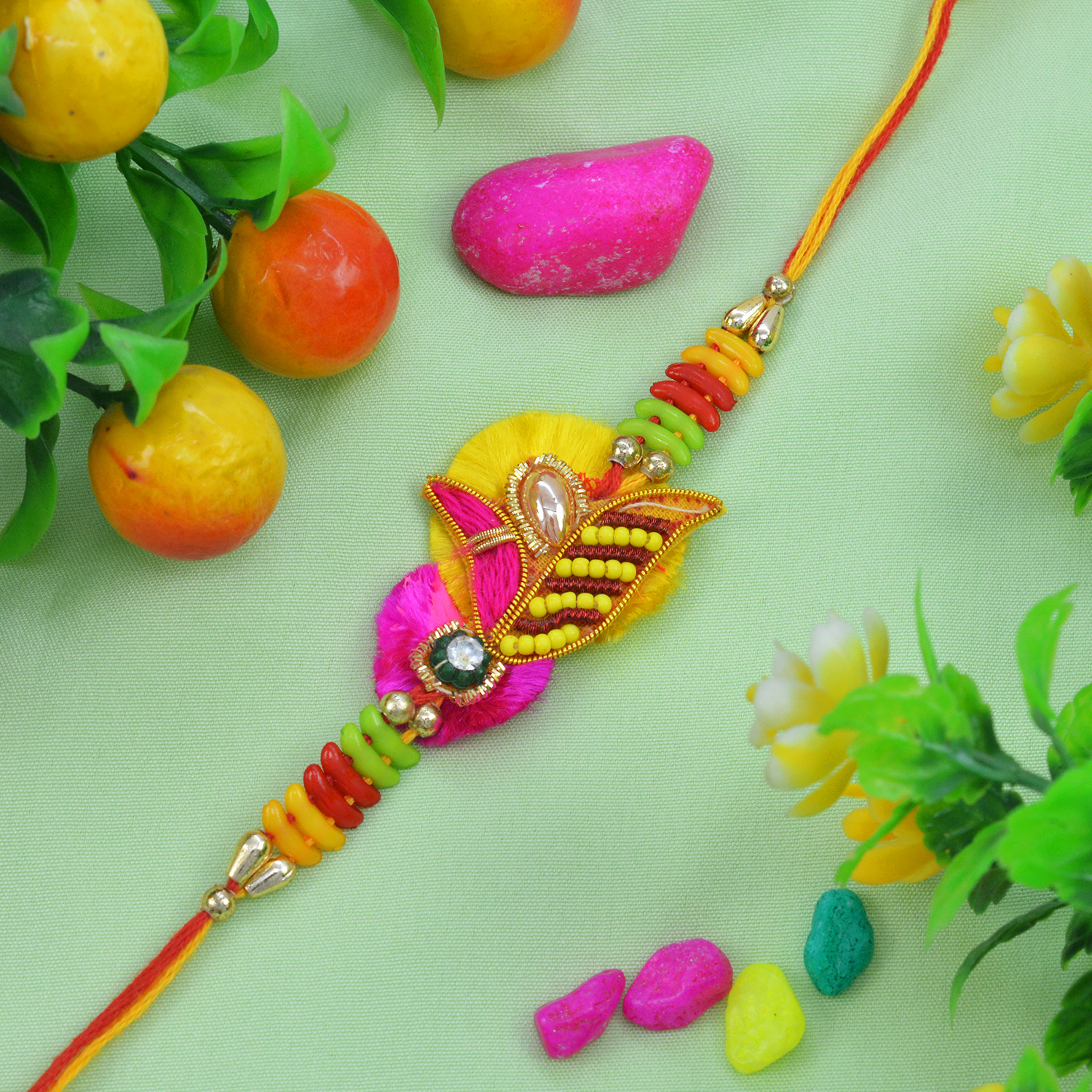 Awesome Multi-Color Zardosi Rakhi with Stunning Pearls with Soft Thread