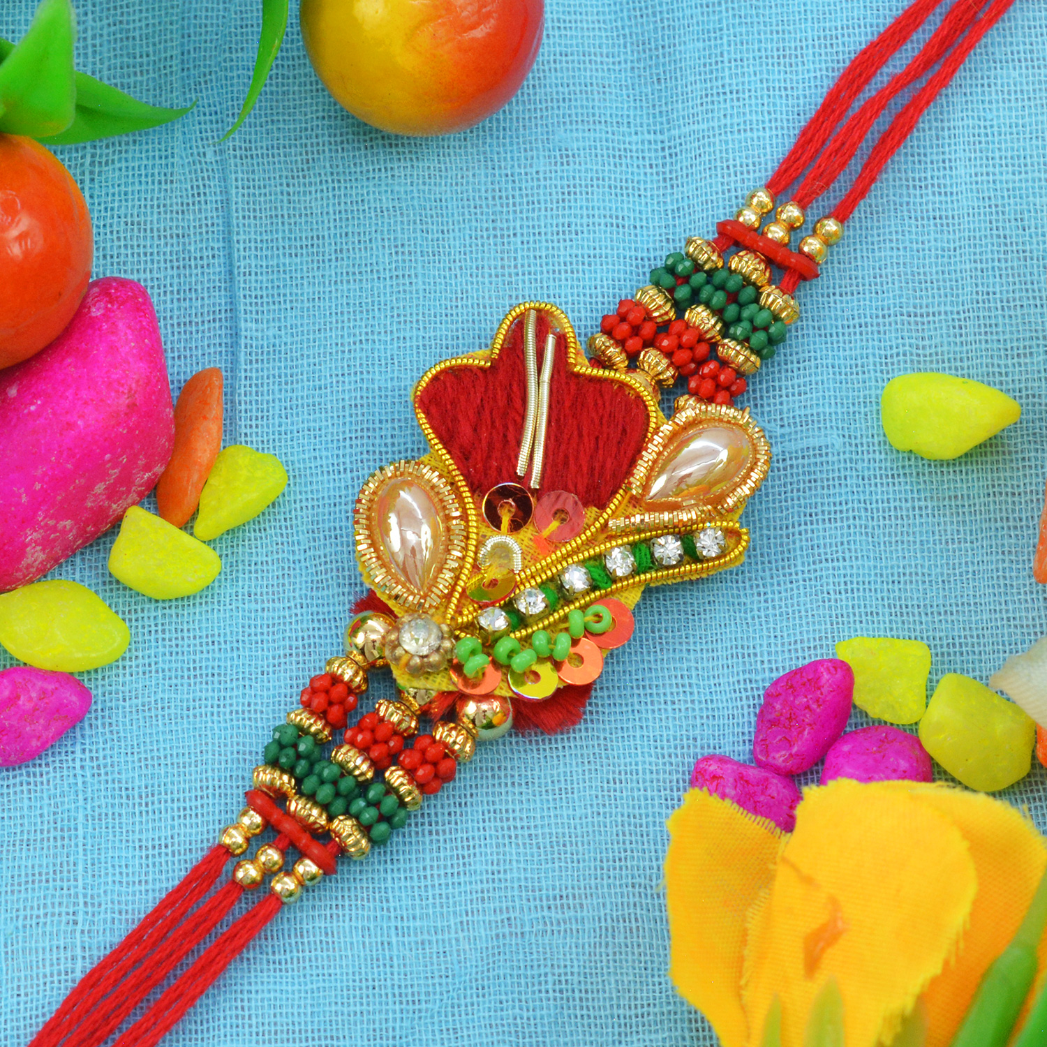 Amazing Colorful Zig Zag Pearl Zardozi Rakhi with Red Silk Thread