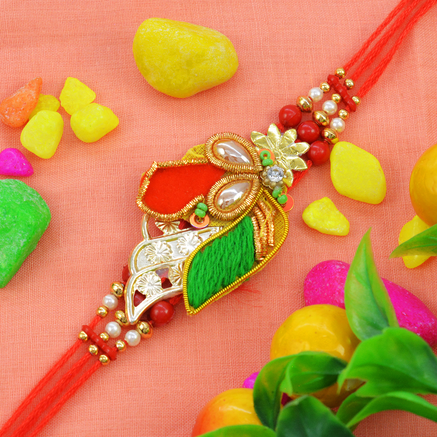 Well-Favoured Colorful Beads Zardosi Rakhi with Three Red Silk Thread