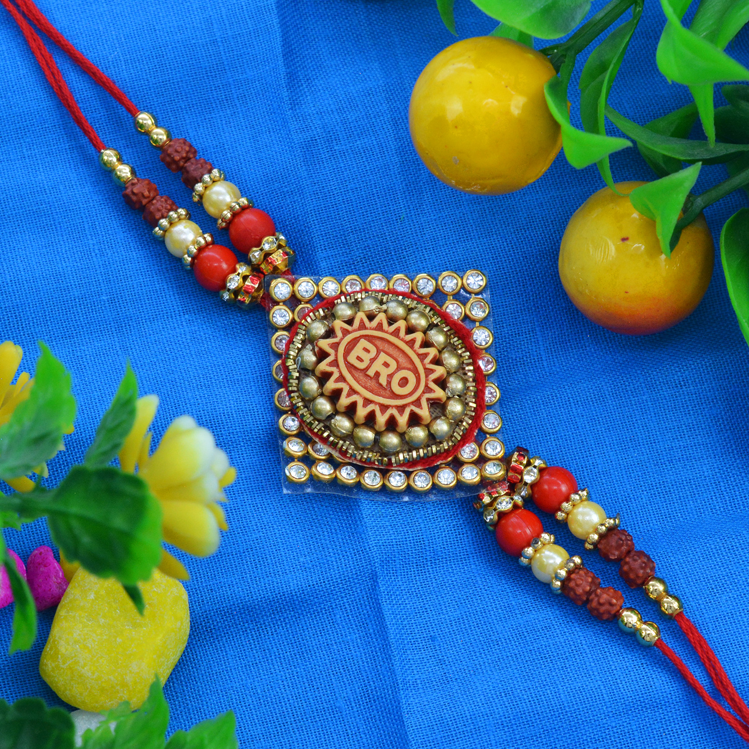 Unique Square Bro Print Zardosi Rakhi with Colorful Beads