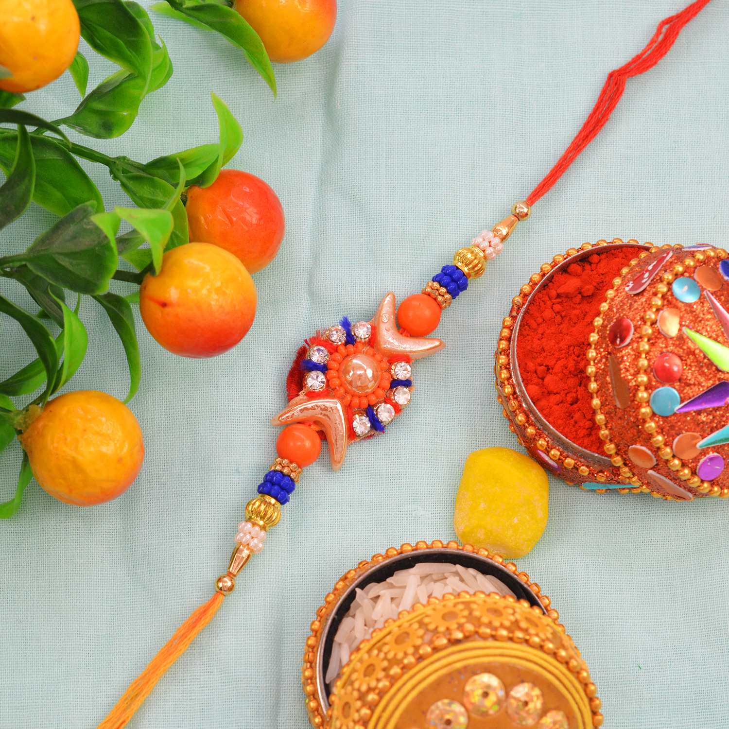 Beautiful Circle Zardozi Rakhi with Antique Colorful Pearls