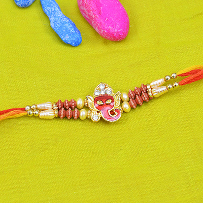 Red and Golden Lord Ganesha Rakhi with Diamonds