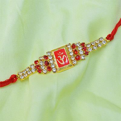 Rectangle Shape OM Rakhi With Red Diamonds