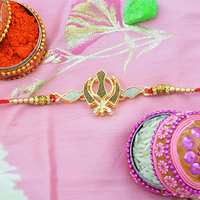 Beautiful Sikh Khanda Rakhi With Golden Beads