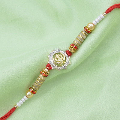 Silver Designer Khanda Rakhi with White Beads