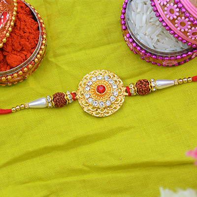 Round Shape Golden Color Rudraksh Rakhi with Beads
