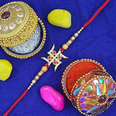 Golden Swastik Designer Rakhi with Multicolor Beads and Pearls