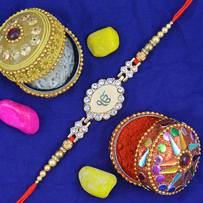 Golden Designer Ek Onkar Rakhi With Diamonds and Pearls