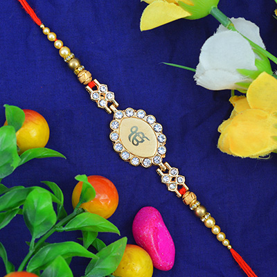 Golden Designer Ek Onkar Rakhi With Diamonds and Pearls