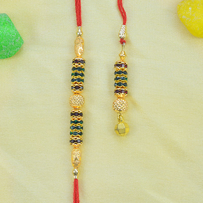 Golden Designer Stylish Beads Bhaiya Bhabhi Rakhi set