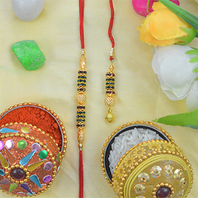 Golden Designer Stylish Beads Bhaiya Bhabhi Rakhi set