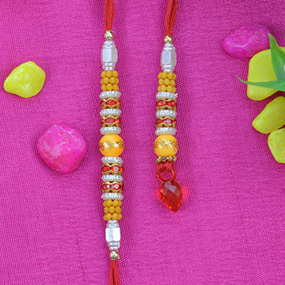 Red Silk Single Bead Jewel Stylish Bhabhi and Bhaiya Rakhi Set