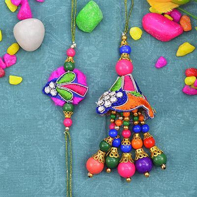 Simple Colorful Bhaiya Rakhi with Antique Work Beads Bhabhi Rakhi Set