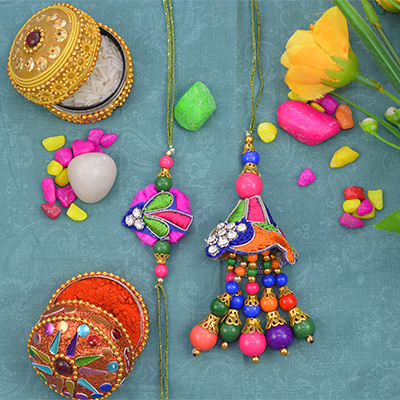 Simple Colorful Bhaiya Rakhi with Antique Work Beads Bhabhi Rakhi Set