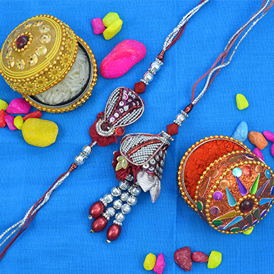 Brown and Silver Color Awesome Bhaiya and Bhabhi Rakhi Set