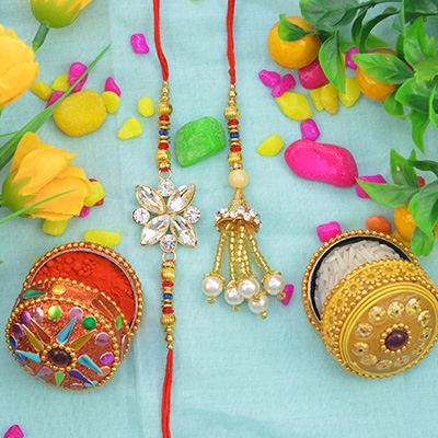 Flower Shape Reflecting Bhaiya Rakhi with Hanging Beads Bhabhi Rakhi